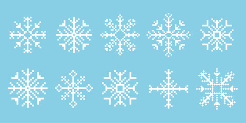 Pixel snowflake winter retro pixilated 8 bit game stamp. Set Holiday flake ornament. Simple crystal ornament. 
