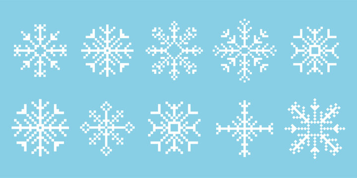 Pixel snowflake winter retro pixilated 8 bit game stamp. Set Holiday flake ornament. Simple crystal ornament. 