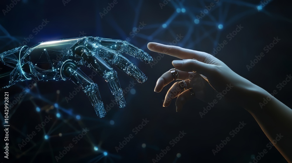 Poster robot and human hands touch on network, illustrating big data connection and tech partnership. big d