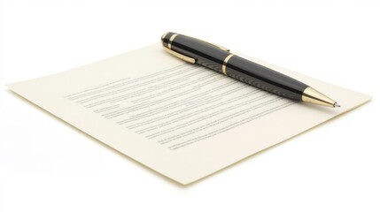 A black pen lies on a sheet of paper with text.