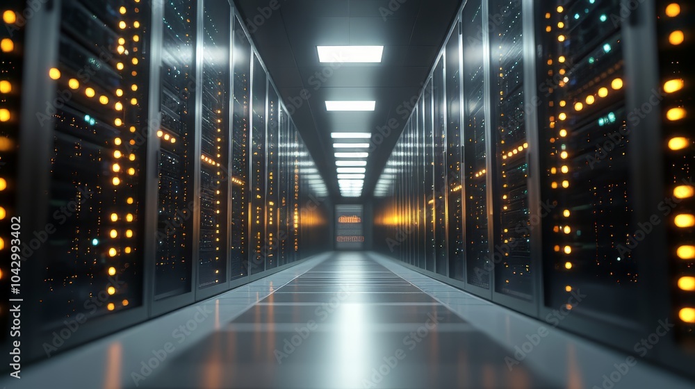 Poster servers data center room with bright bokeh light going through the corridor 3d rendering. big data. 