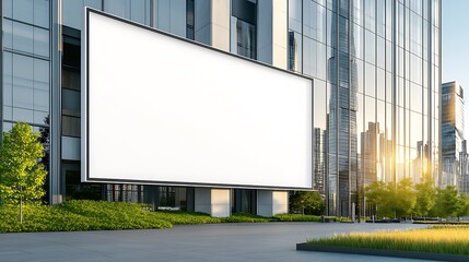 Obraz premium Light box display on the side of a futuristic building A horizontal light box display mounted on the exterior of a sleek, futuristic glass building.