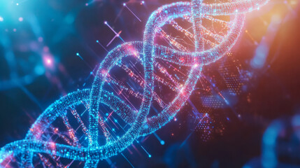 Visual representation of DNA helix illuminated by blue and pink lights showcasing intricate structure and scientific significance in biotechnology
