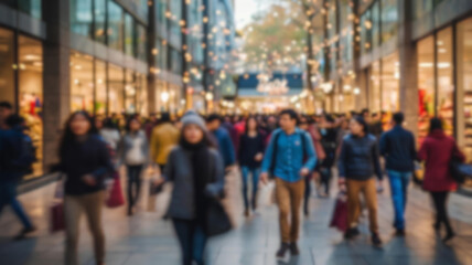 Obraz premium Blur image of people in shopping center. Concept of buying and selling, sales and discounts. Bokeh for background usage.