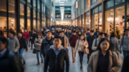 Blur image of people in shopping center. Concept of buying and selling, sales and discounts. Bokeh for background usage.