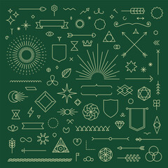 Set of linear thin line art deco boho retro vintage design elements. Geometric shapes, Outline symbols