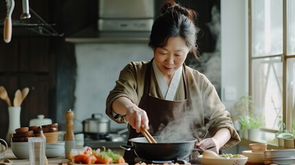 Portrait of an Asian woman cooking in her home kitchen