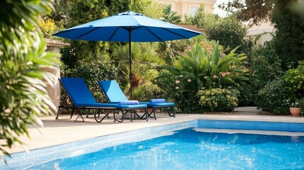 Two lounge chairs with towels sit poolside under a blue umbrella with lush greenery around the pool.
