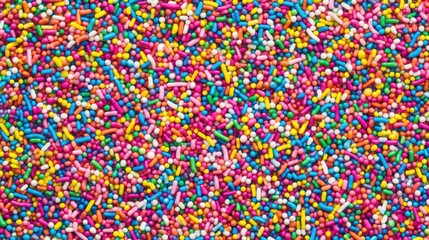 A seamless spread of rainbow-colored sprinkles, tightly packed together to fill the entire frame with their tiny, bright, and sugary texture.