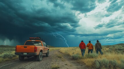 Latino storm chasers and adventurers documenting lightning storms, embracing the excitement of nature's power and the diversity of experiences.