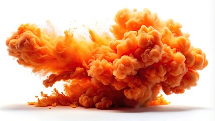 Explosive orange smoke plume on white background