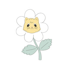 Fototapeta premium Cute cat daisy flower vector clip-art isolated on white. Cat vibes illustration