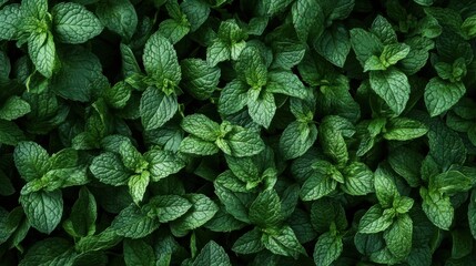 A lush background filled with fresh mint leaves scattered across a deep green surface, evoking freshness and vitality.