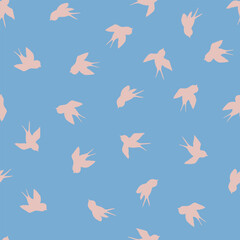 Fototapeta premium Seamless pattern with swallow silhouette on color background. Cute bird in flight. Vector illustration. Doodle style. Design for invitation, poster, card, fabric, textile