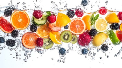 A variety of fresh fruits splashing together in water with dynamic movement and color