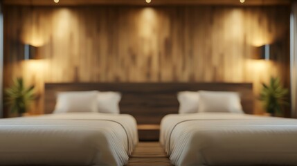 Two twin beds with white bedding in a hotel room with a wooden wall and warm lighting.