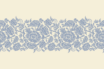 Ethnic Floral pattern seamless border white background. Ikat bohemian blue flower ditsy motif traditional. Aztec style abstract vector illustration vintage design for print template. © Wita Pixs