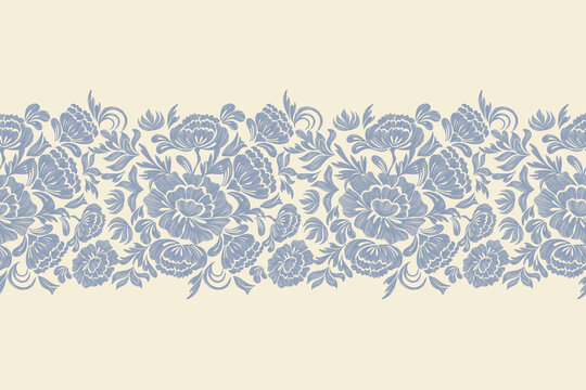 Ethnic Floral pattern seamless border white background. Ikat bohemian blue flower ditsy motif traditional. Aztec style abstract vector illustration vintage design for print template.