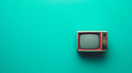 a old vintage tv on color background. retro technology. flat lay top view hero header. vintage color styles. copy space for text