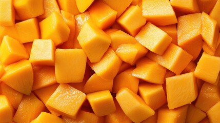 A surface filled with tightly packed mango cubes and slices, their warm orange and yellow tones creating a sun-soaked texture.