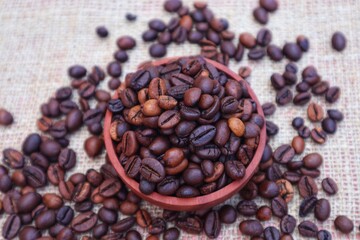 Robusta coffee beans or Coffea canephora in a wooden bowl and some scattered around it, close up view.