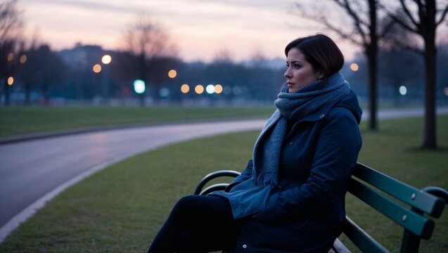Solitude. A woman sits on a park bench, she is wrapped in a scarf, her gaze is distant, everything around her reflects the quiet, languid pain of loneliness.