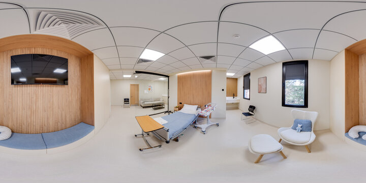Full seamless spherical hdri panorama 360 degrees angle view in interior of hospital room in equirectangular projection. VR content