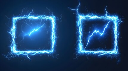 Lightning frames, blue electric borders of rectangular and square shapes with thunder bolt effect. Isolated photo frames with thunderbolt impact.