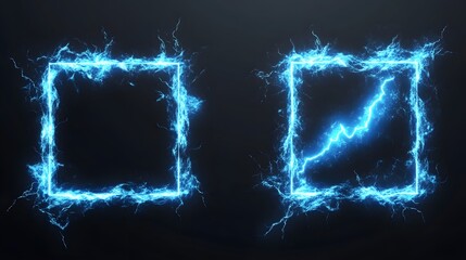 Lightning frames, blue electric borders of rectangular and square shapes with thunder bolt effect. Isolated photo frames with thunderbolt impact.