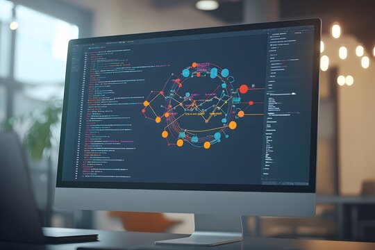 A computer screen showing a complex coding interface with colorful data visualizations.