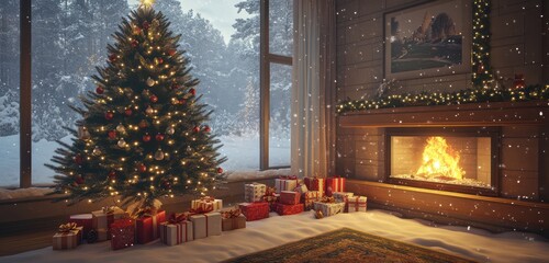 A cozy living room with a glowing Christmas tree, a crackling fireplace, and gifts under the tree. Snow falls outside the window.