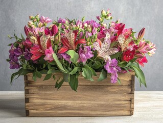 Alstroemeria and wildflowers in rustic wooden box