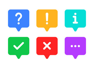 A set of six icons representing common interface symbols a question mark, exclamation mark, information symbol, check mark, cross mark, and three dots. Speech bubble.