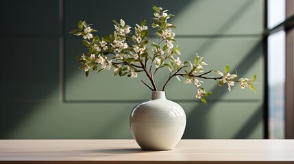 A modern interior table setup featuring a green plant in a white vase, offering a stylish touch for home decor inspirations.