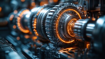 Fototapeta premium Close-up of intricate mechanical gears with glowing elements.