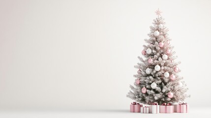 Frosted Christmas Tree with Pink and White Ornaments and Gifts