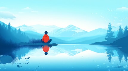 Person meditating by a tranquil lake surrounded by mountains and trees.