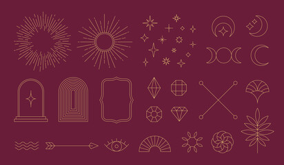Set of linear thin line art deco boho retro vintage design elements. Geometric shapes, Outline symbols