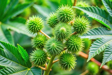 Extreme close-up of a green castor oil plant on a tree