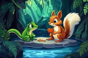 Cartoon Squirrel and Frog Solving a Puzzle in a Secret Cave © Dilshad