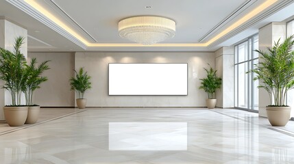 Standalone light box display in a hotel lobby
A freestanding light box display positioned in the center of a luxurious hotel lobby, with its white space ready for advertisements.