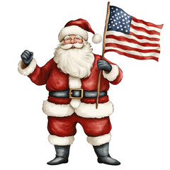 Santa holding an american flag. He is smiling. He is wearing a red suit
