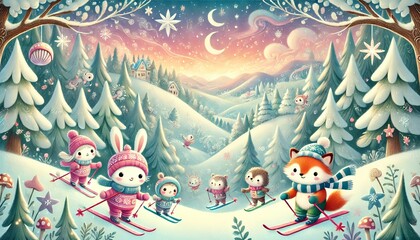 A charming storybook-style illustration of adorable animal characters skiing down a snowy slope in a fantasy-inspired winter world, with magical snow-covered trees and a vibrant sky