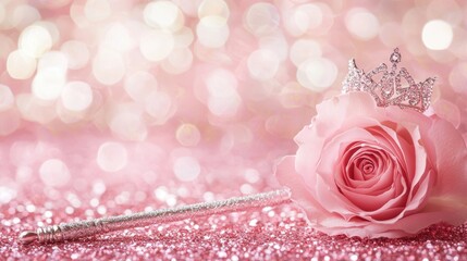 Princess rose with tiara and wand on glittery pink