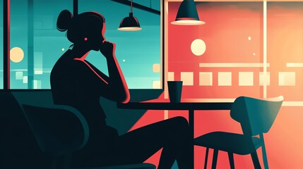 Silhouette of a thoughtful person in a modern coffee shop setting, vibrant colors.