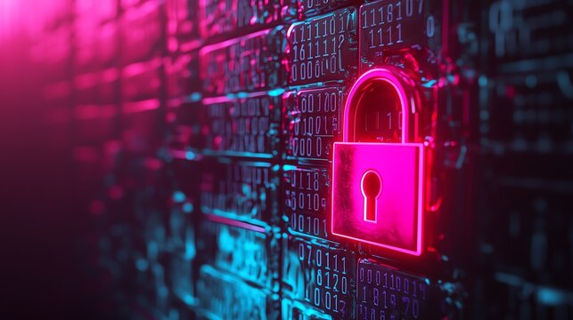 A detailed, glowing data key being inserted into a padlock made of binary code, unlocking a secure digital vault filled with personal files