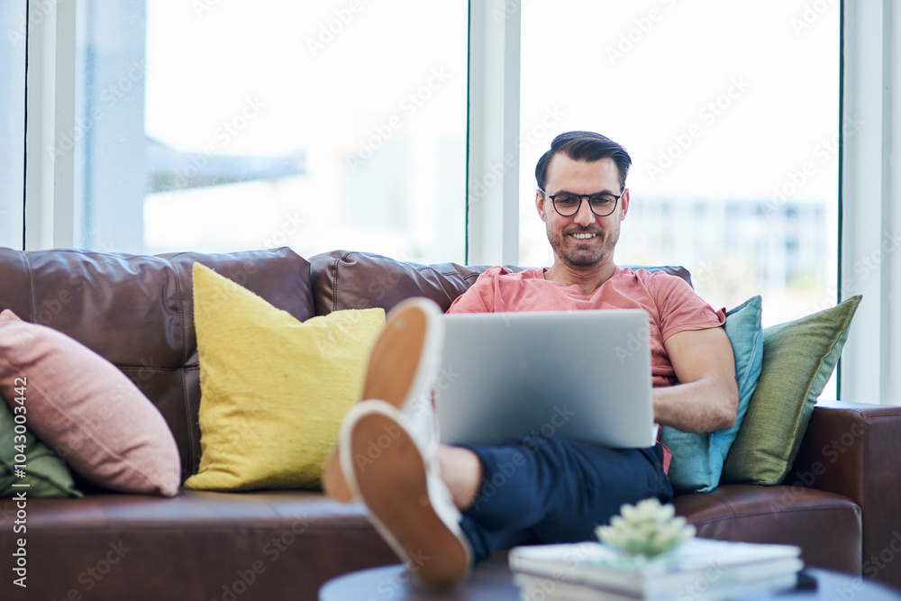Poster Couch, laptop and remote work with man smile, email and creative web design for company homepage. Freelancer, working and technology with content creation and ux update for search engine optimization