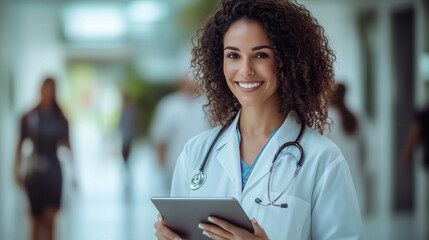 Smiling Female Doctor in Hospital Corridor with Tablet