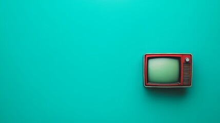 a old vintage tv on color background. retro technology. flat lay top view hero header. vintage color styles. copy space for text