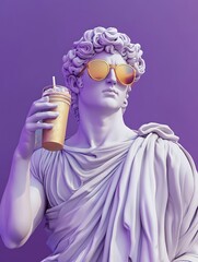 statue holding coffee on purple background